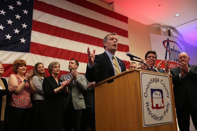 Onondaga County Sheriff Gene Conway delivers a victory speech after defeating challenger Mark Montes. 