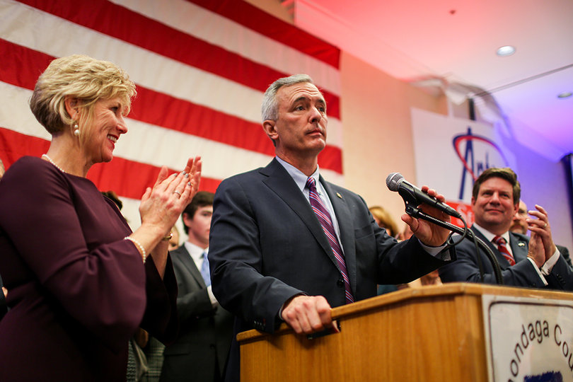 Rep. John Katko (R-Camillus) delivers a victory speech in the Sheraton Syracuse University Hotel & Conference Center. 