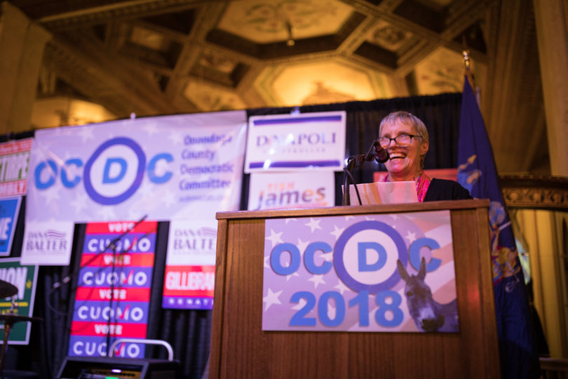 Rachel May announces her victory to supporters. She defeated Republican Janet Burman by double-digits to become the 53rd District's new State Senator.