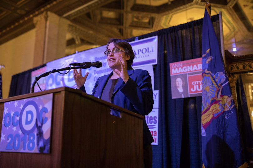 Dana Balter makes her concession speech to hundreds of supporters late Tuesday night.