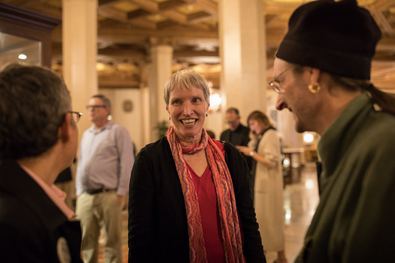 Rachel May speaks with partygoers after winning the race for New York's 53rd state senate district.