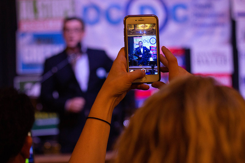 Michael Greene's wife films Greene giving his victory speech.