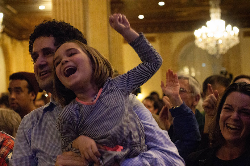 Jonah and Aviva Minkoff-Zern celebrate together after finding out that the House of Representatives went Democrat.