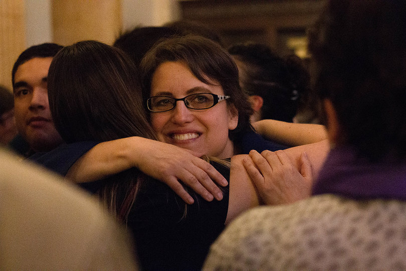 Dana Balter hugs a supporter at the Democratic watch party on Tuesday night. 