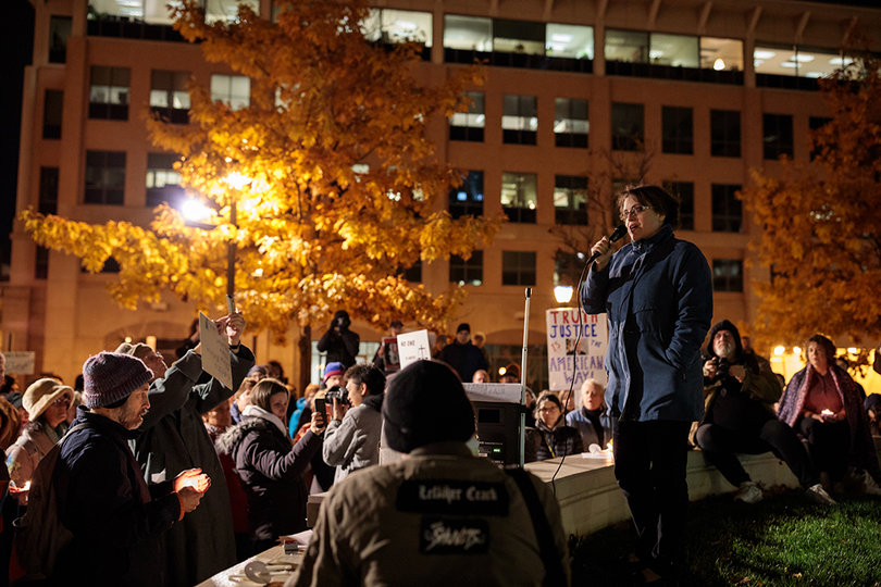 Former congressional candidate Dana Balter speaks during the rally and voices her optimism with what she said is the level of engagement in the city of Syracuse.