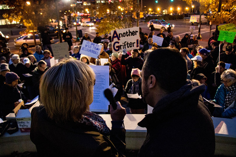 Donna Oppedisano, a school teacher, and Joe Discroll, District 5 Common Councilor, speak to the crowd at the rally.