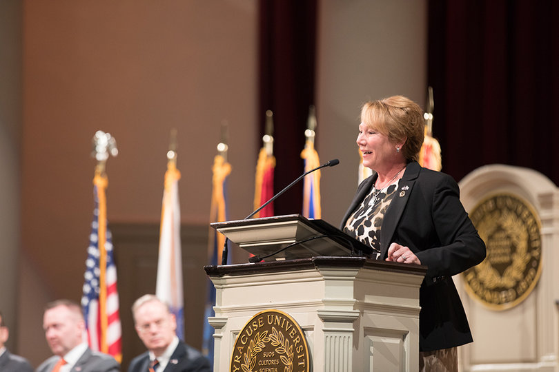Major General Peggy C. Combs speaks about the Army Values as part of her keynote speech. She is an alumna of Syracuse University's ROTC program and recently retired after 33 years of service in the U.S. Army.