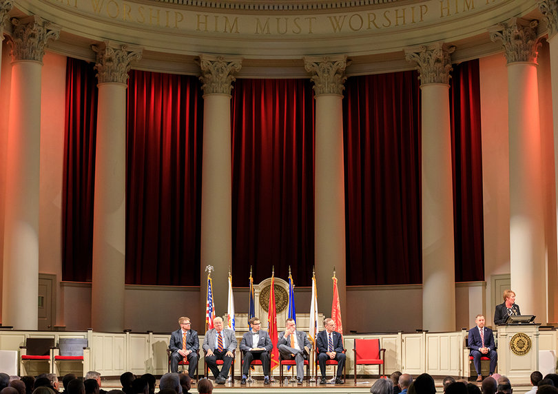 The official party for the ceremony consisted of Student Veterans Organization President Adam LeGrand, Professor Alejandro Garcia, Dean of Hendricks Chapel Brian Konkol, Vice Chancellor Mike Haynie, Chancellor Kent Syverud and Maj. Gen. (Ret.) Peggy Combs.