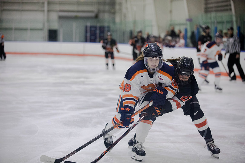 Lauren Bellefontaine (#8) fought against defensive players throughout the game to push Syracuse closer to scoring. 