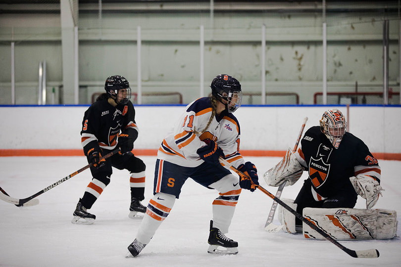The Princeton goalie was able to block many shots made by Syracuse.