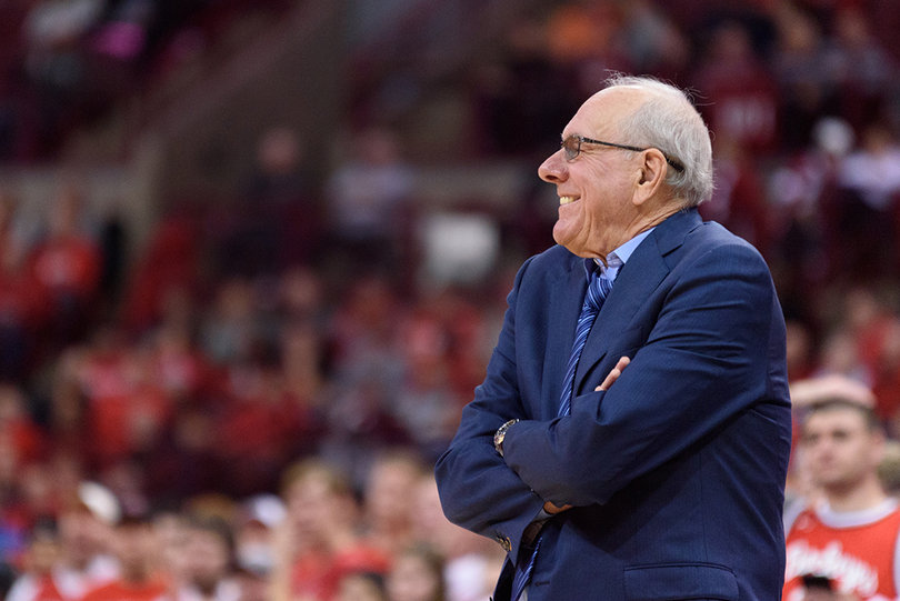 Jim Boeheim shrugs on the sideline.