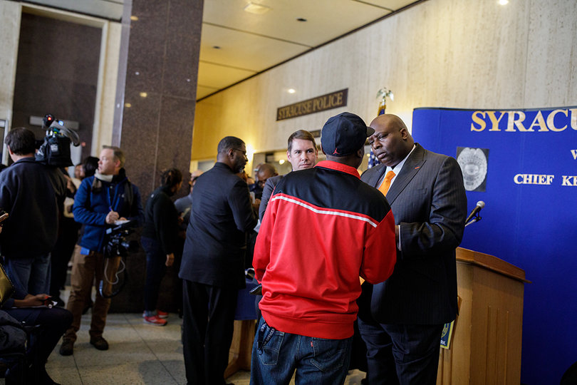 Following his appointment as chief of police, Buckner greeted members of the community in attendance.