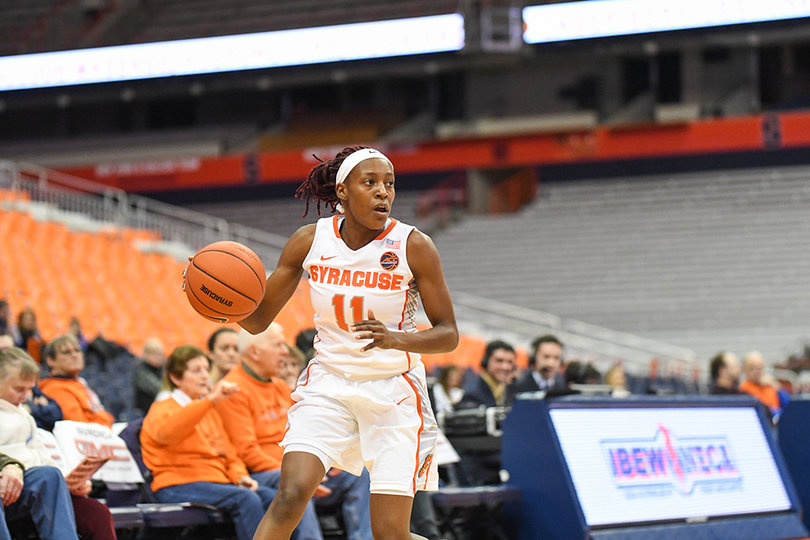 Gabrielle Cooper dribbles up the court for Syracuse in its win.