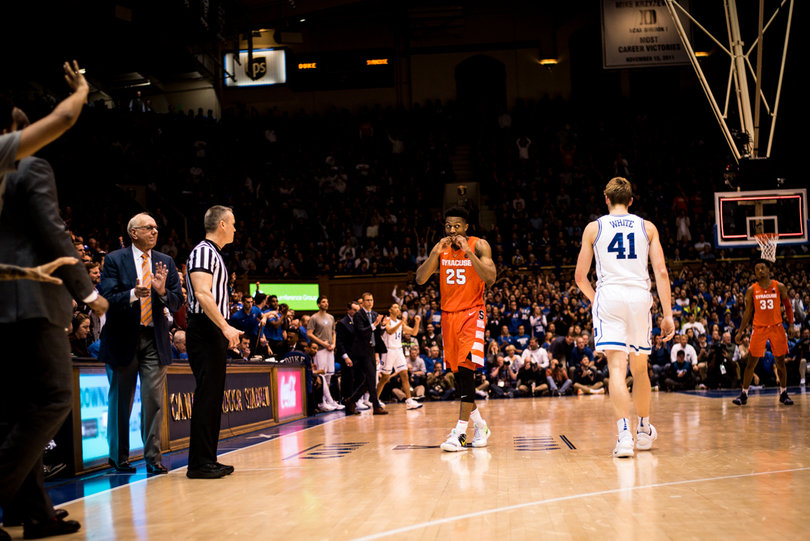 Regulation ended with a Battle missed 3-pointer from the right wing. A make would have given Syracuse the upset they got in overtime. 
