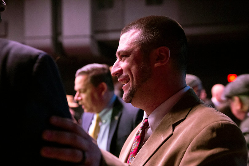 Common Councilor Joe Driscoll, of the 5th district, looks on during Walsh's "State of the City" address.