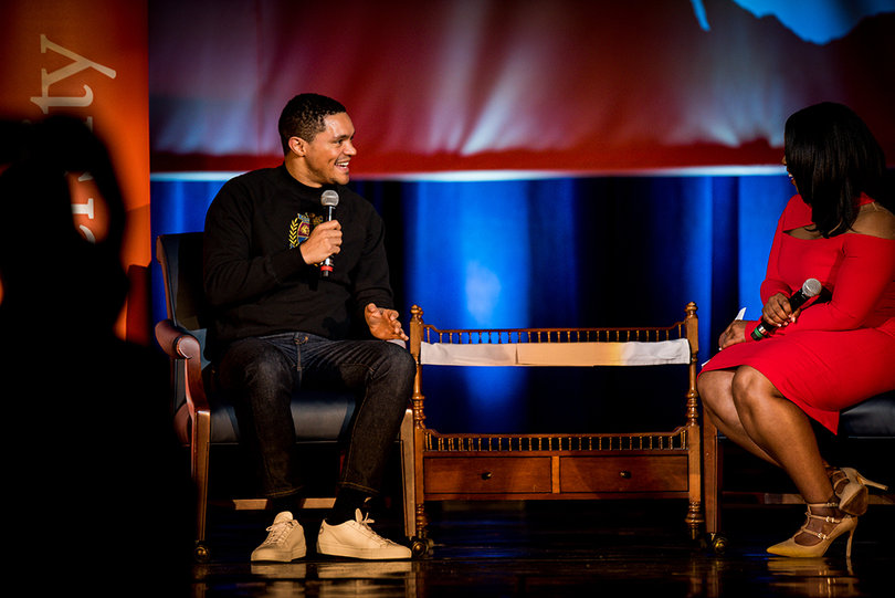 Trevor Noah speaks with NewsChannel9 broadcast journalist Jennifer Sanders at SU's 34th annual Rev. Dr. Martin Luther King Jr. Celebration.

