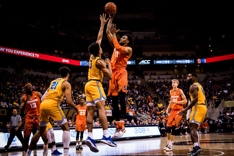 Brissett lofts a jump-hook inside with his right hand for two points. He was crafty in the paint area, a focal point for SU this weekend.