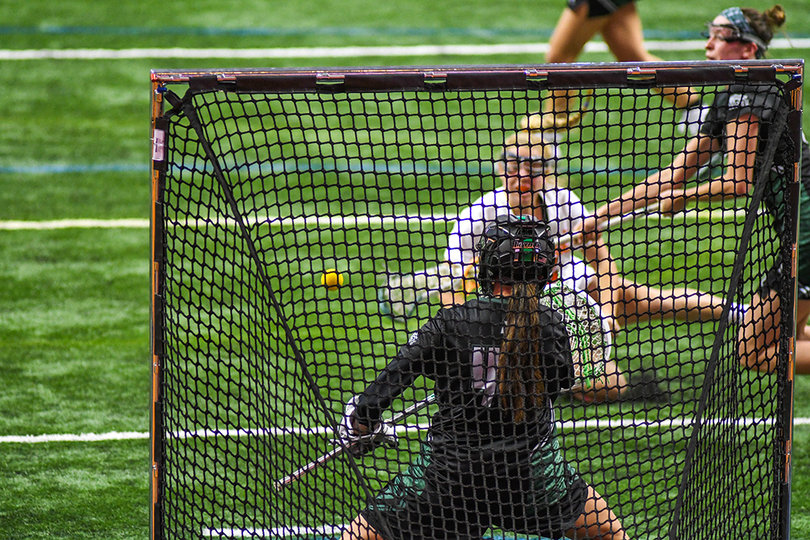 Loyola goaltender Kady Glynn (44) stepped up making seven saves in the second half of play.