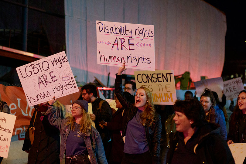 Protesters rotated between chants such as “Syracuse unite, Take Back the Night” and “Yes means yes, no means no, whatever we wear, wherever we go.”