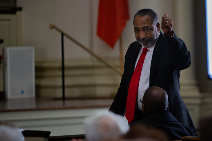 Mel Williams, husband of Lorraine Branham, acknowledged the crowd in Hendricks Chapel.