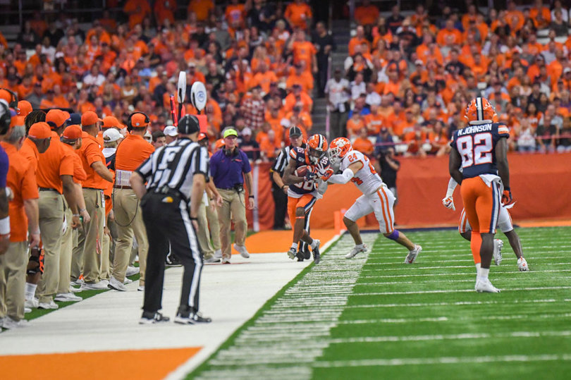 None of Syracuse's actual wide receivers eclipsed more than 30 total yards, with running back Moe Neal leading with 67 yards. 