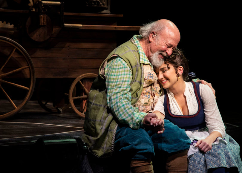 Michael Breese Barbour (left) who plays Belle's father Maurice and Belle, share a moment in Syracuse Stage's Disney's Beauty and the Beast.