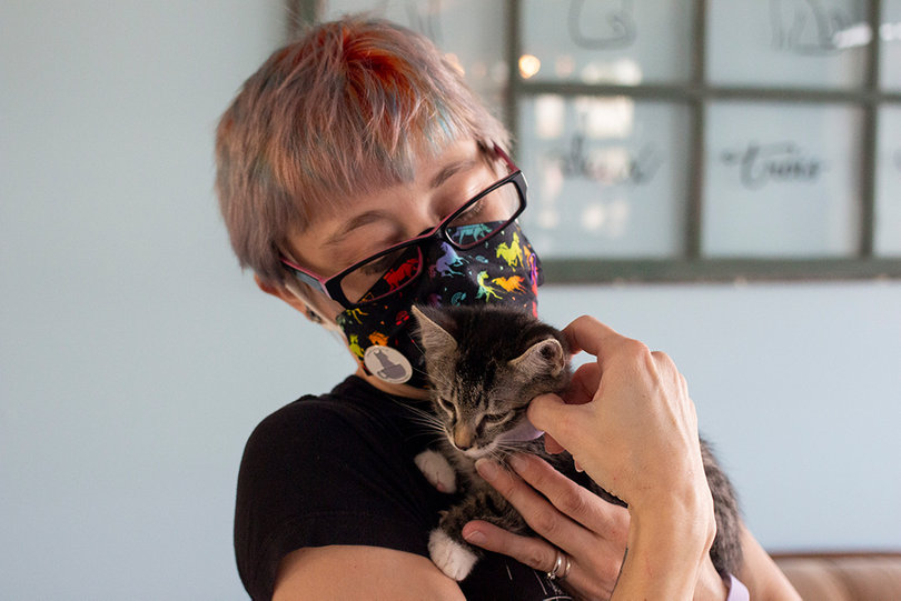 Alisha Reynolds, the owner of Pawsitivitea CNY Cafe & Cat Lounge, holds a kitten named Ollie.