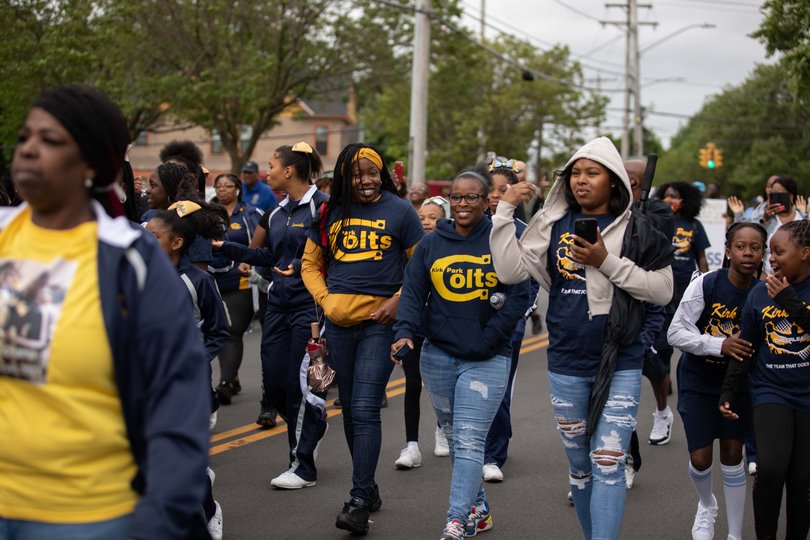 The Kirk Park Colts walk in the Syracuse Victory Parade as part of the Juneteenth celebrations, June 18th, 2022.