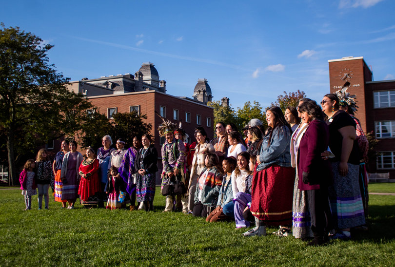 After the social dances concluded, performers joined with Indigenous Syracuse University community members for a photo.