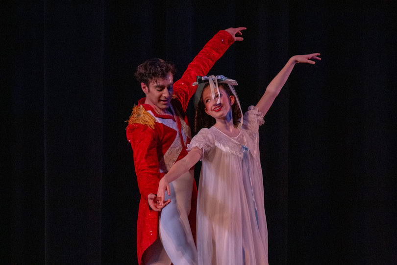 Clara dances with her nutcracker after he has been transformed back into a prince. The two danced a duet toward the end of Act I right before Clara entered the Land of Sweets. 