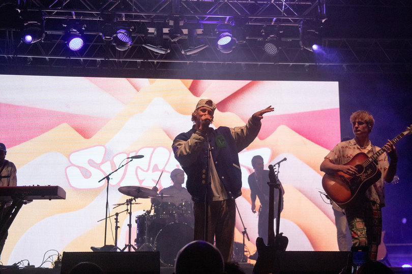Surfaces perform with art from their newest album, “Hidden Youth,” displayed behind them. While Forrest Frank and Colin Padalecki led the show, their instrumentalists included a saxophone player and guitarist who took turns showing off solo performances.
