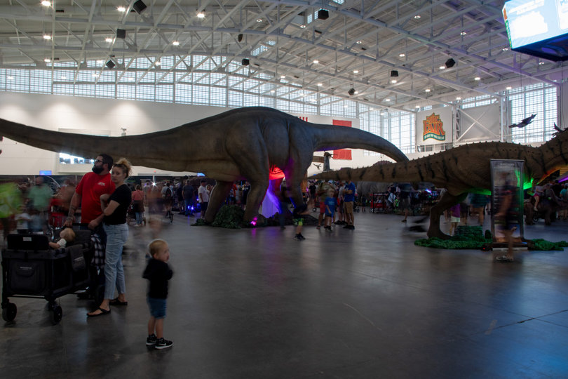 The Exposition Center is home to Dinosaur Expedition — a Detroit-based exhibition that brings life-like dinosaurs to zoos and fairs nationally — for the 2023 NY State Fair. Most of the dinosaurs require complex motors and pulley systems to make them move. 
