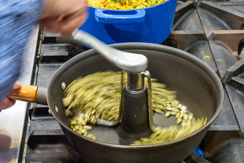 Brian spinning the pumpkin seeds.
