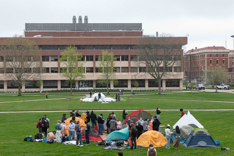 10:48 a.m., April 29, 2024 – Several dozen people start setting up tents on Syracuse University’s Shaw Quadrangle in front of Hendricks Chapel Monday Morning. The encampment began on the university’s last day of classes for the spring semester. 
