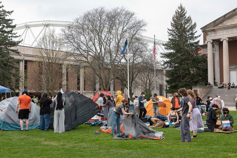 12:21 p.m., April 29, 2024 –  Protestors continue to arrive throughout the day and set up tents. By this time, 15 tents were set up with little DPS presence. 
