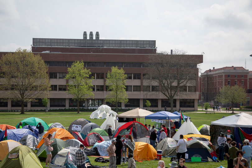 10:58 a.m., May 1, 2024 – 48 hours after the first tent was set up, the encampment expanded to more than 60 tents. There are no clear signs of an end to the protest.
