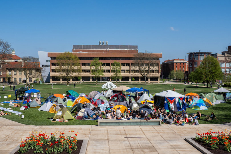 On April 29, a group of students established a Gaza Solidarity Encampment on the Shaw Quadrangle, following similar demonstrations emerging at college campuses across the country. Nine days later, the protestors still occupy a portion of the Quad. 
