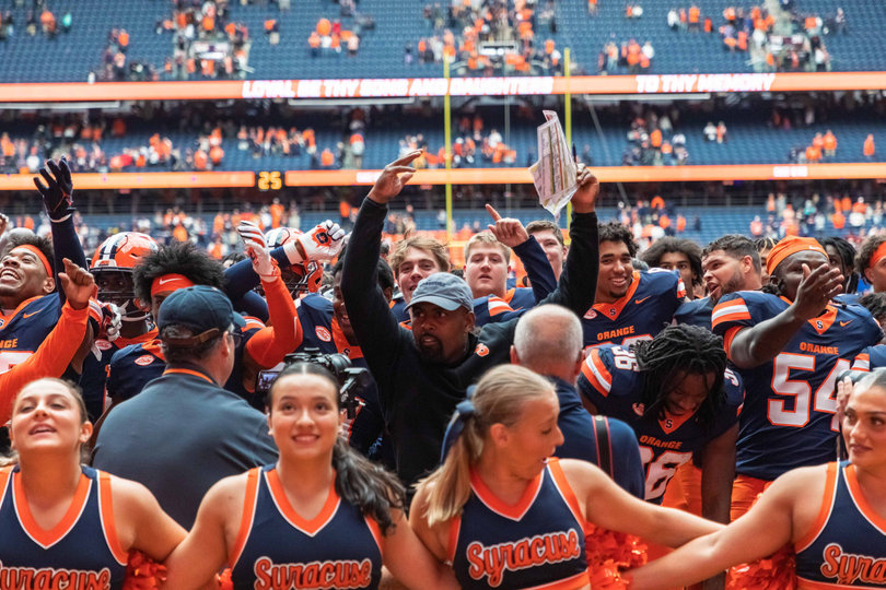 Syracuse head coach Fran Brown celebrates following Syracuse’s 31-28 win over then-No. 23 Georgia Tech. The win is SU’s first over an AP Top 25 team under Brown.
