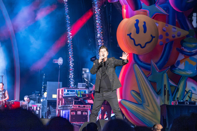 Danny O'Donoghue, lead singer of The Script, opens the night with the group’s hit song “Superheroes.” The rock band from Dublin, Ireland supported P!nk on her tour stop Sunday night. 

