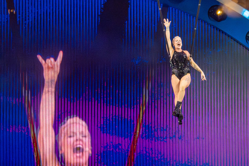 P!nk flies in from above the stage to “Get the Party Started.” P!nk’s tour, Summer Carnival, stopped in Syracuse Sunday night at the Dome. 
