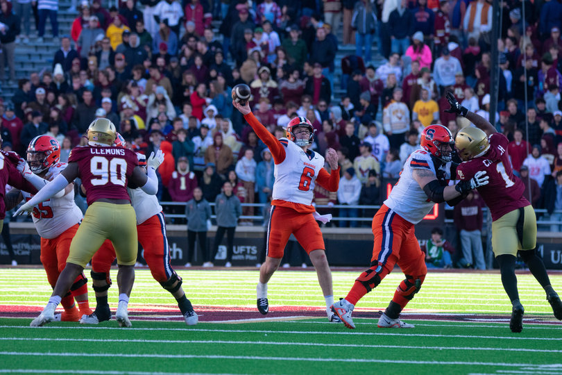 Syracuse quarterback Kyle McCord winds up for a pass against Boston College. McCord completed 31-of-48 passes for 392 yards and two touchdowns in SU’s loss. 

