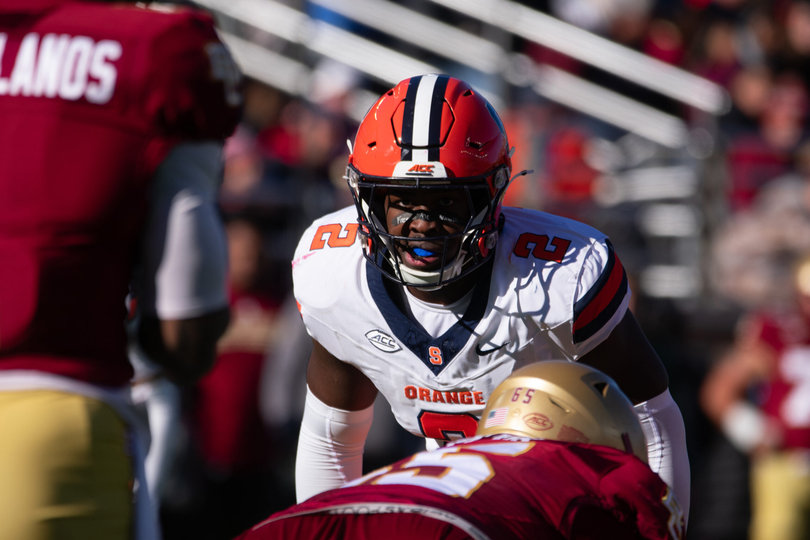 Syracuse linebacker Marlowe Wax awaits a snap from BC’s offense, keeping his eyes locked on Eagles’ quarterback Thomas Castellanos. Wax is a pivotal part of SU’s defense, though he missed five games early in the season due to an injury.

