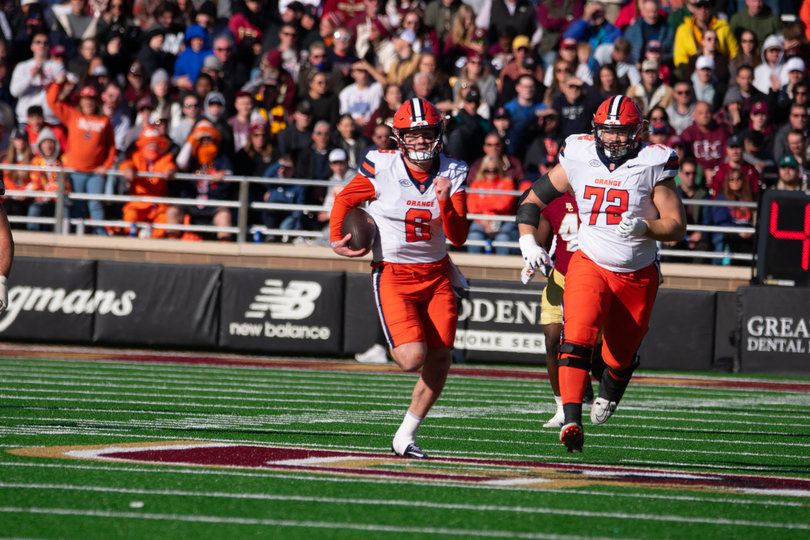 Kyle McCord scrambles across the middle of the field for a 29-yard gain in the second quarter of SU’s matchup with BC. Syracuse’s signal-caller was under constant pressure against the Eagles, getting sacked four times.