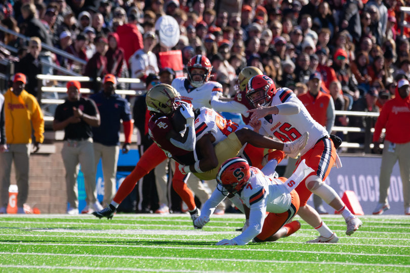 Darrell Gill Jr. delivers a big hit on a punt return from Boston College. Despite having a role within the offense, the wide receiver also plays a large part in SU’s special teams unit. 
