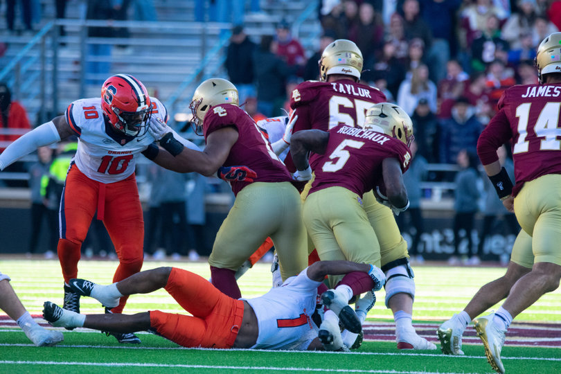 SU cornerback Jayden Bellamy attempts to wrap up BC running back Kye Robichaux. The Eagles ran wild on the Orange’s defense, rushing for a season-high 313 yards.
