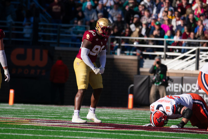 Boston College defensive lineman Ty Clemons celebrates in the backfield following an Eagles’ sack of Syracuse quarterback Kyle McCord. The junior recorded one tackle in BC’s win.
