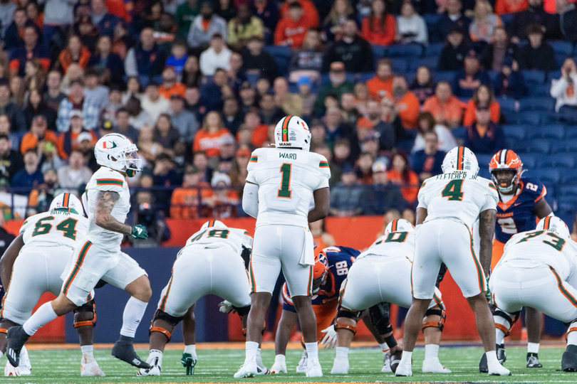 Miami quarterback Cam Ward stands under center a second before the snap. The presumed Heisman Trophy finalist and highly-touted 2025 NFL Draft prospect scored two touchdowns and tossed 349 passing yards in the Hurricanes’ defeat.
