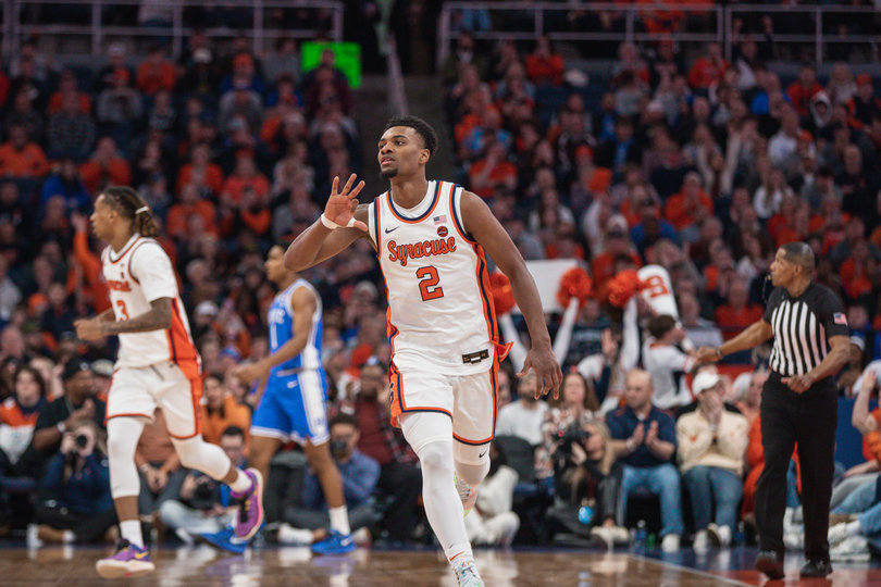 J.J. Starling celebrates after scoring early in the first half. The guard scored SU’s first seven points, but finished the game shooting 5-of-15 from the field.