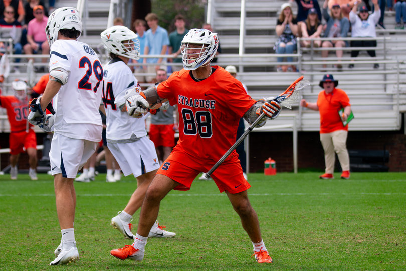 Payton Anderson pumps his right fist in joy after scoring his second goal of the contest Saturday against Virginia. Through his first six career Division I games, Anderson has racked up seven goals on 13 total shots.