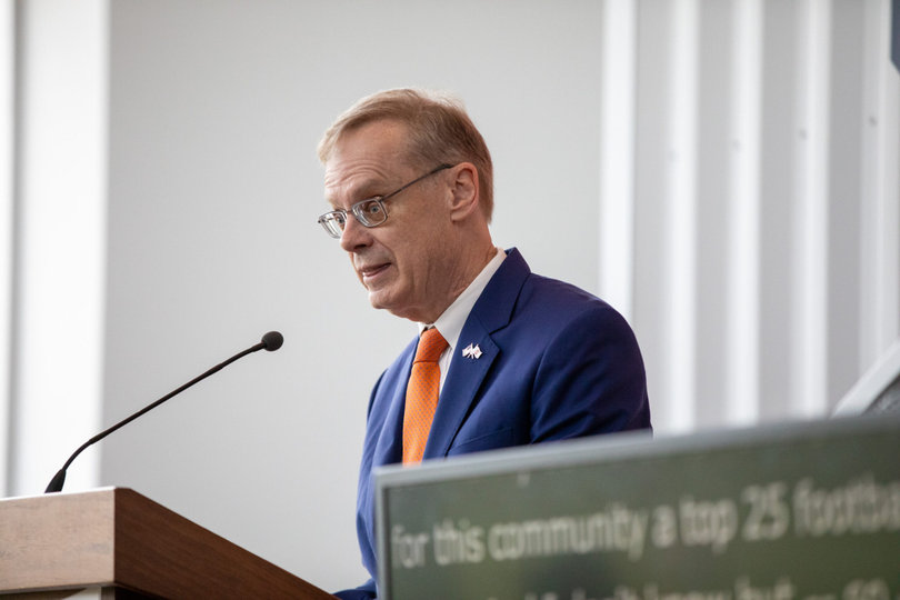 Syracuse University Chancellor Kent Syverud speaks on the importance of SU’s football program. Syverud said the Orange are determined to be a consistent top-25 contender.